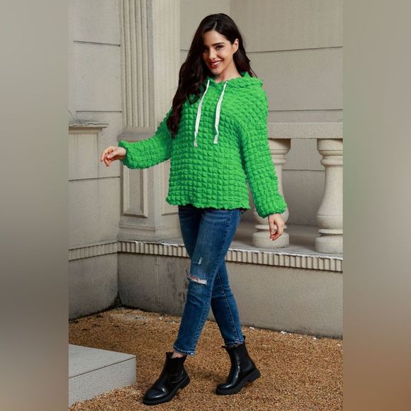 Green Texture Drawstring Long Sleeve Hoodie - Picture 2 of 3